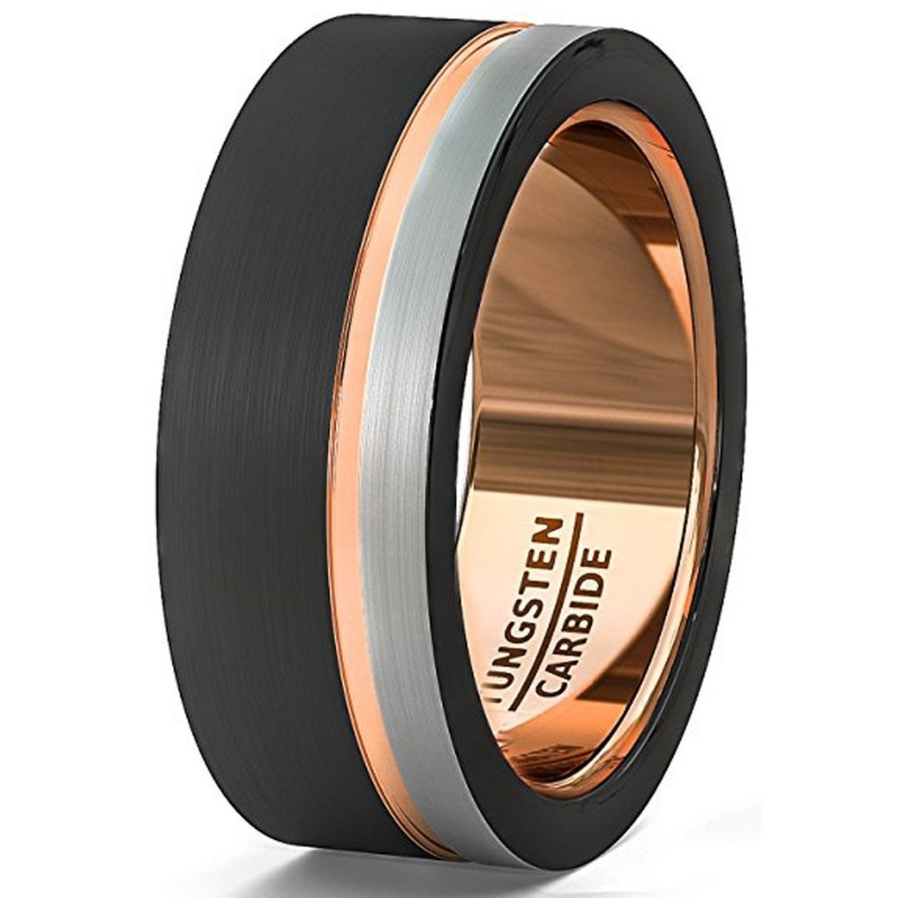 Mens Tungsten Wedding Band 8mm. Triple Tone Black, Gray & Rose Gold Tone Pattern